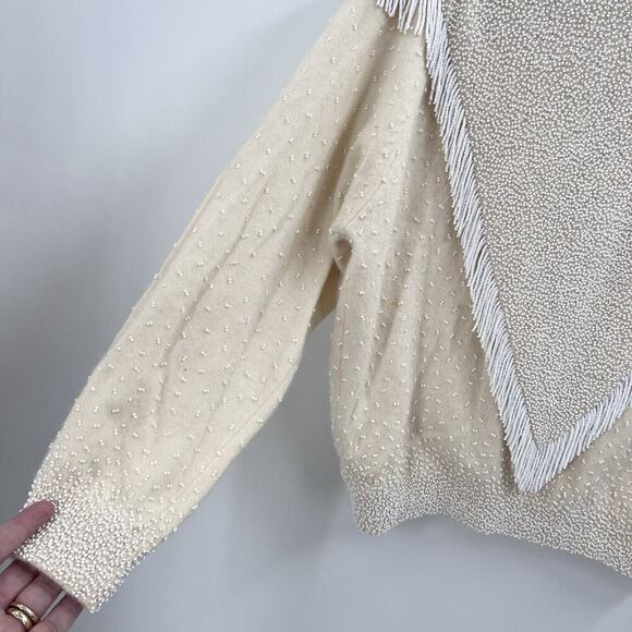 Vintage Gene Shelly's Cream Beaded Fringe Cardigan Sweater Womens Medium - Picture 10 of 16